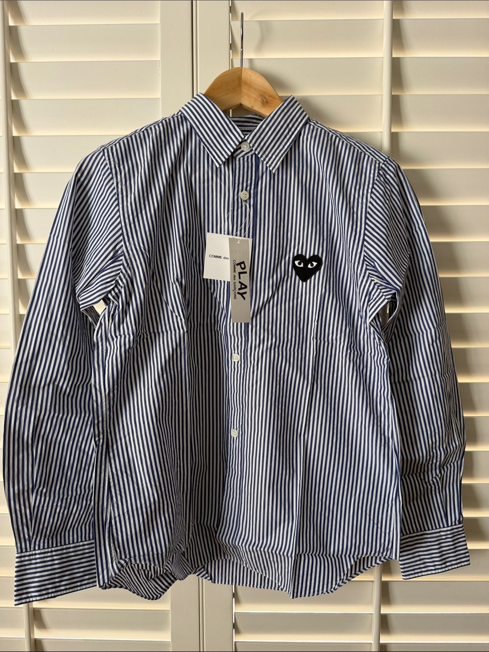 Comme des Garcons PLAY Navy & White Striped Button-Down Shirt with Heart Patch